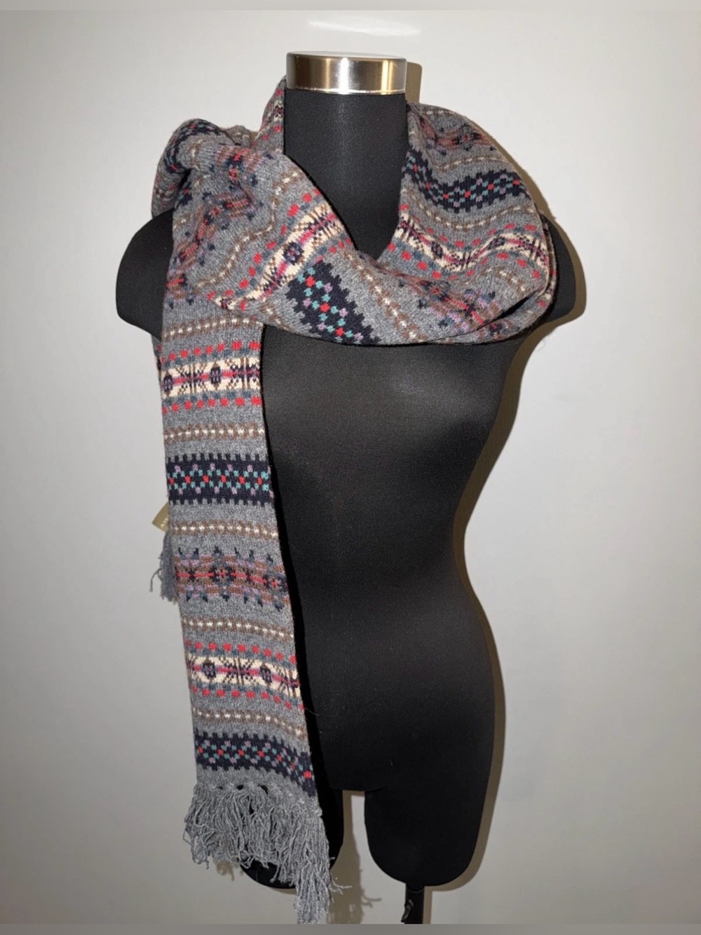 NWT J Crew Wool Scarf Fair Isle Southwestern Colorful Grey Fringe Rare